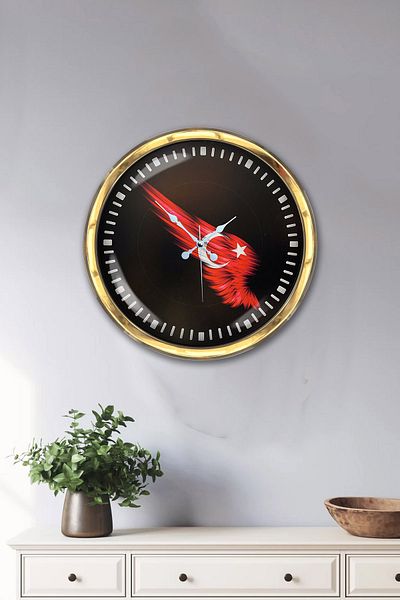 Kasva Concept Gift 40 cm Gold Metal Turkish Flag Wall Clock