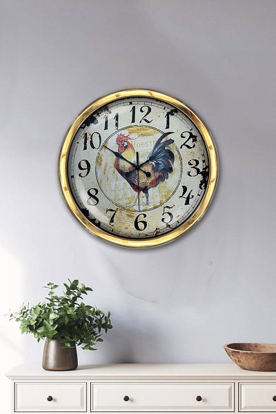 Kasva Concept Gift 40 cm Gold Metal Rooster Wall Clock