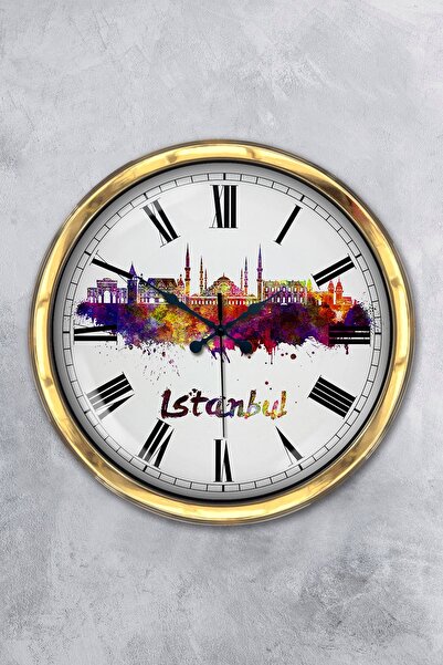 Platin Saat ساعة حائط بموضوع اسطنبول معدنية ذهبية مقاس 40 سم