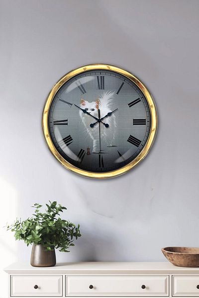 Kasva Concept Δώρο 40 εκ. Χρυσό Μεταλλικό Ρολόι Τοίχου Γάτας