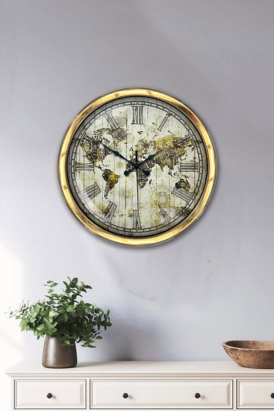 Platin Saat Gift 40 cm Gold Metal Map Wall Clock