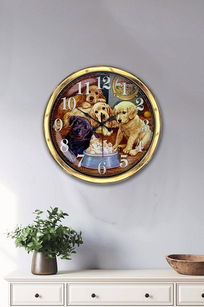 Kasva Concept Gift 40 cm Gold Metal Dogs Wall Clock Clock