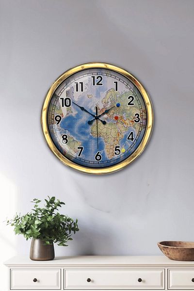 Kasva Concept Gift 40 cm Gold Metal Map Wall Clock