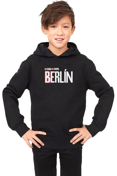 Tshirthane La Casa De Papel Berlin Черно детско 3ip суичър с качулка