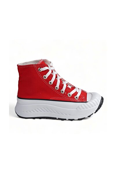 Melen Shoes Elixia Kırmızı Kalın Tabanlı Boğazlı Uzun Keten Spor Ayakkabı