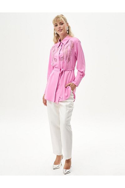 Kayra Candy Pink Embroidered Tunic with Wide Cuffs