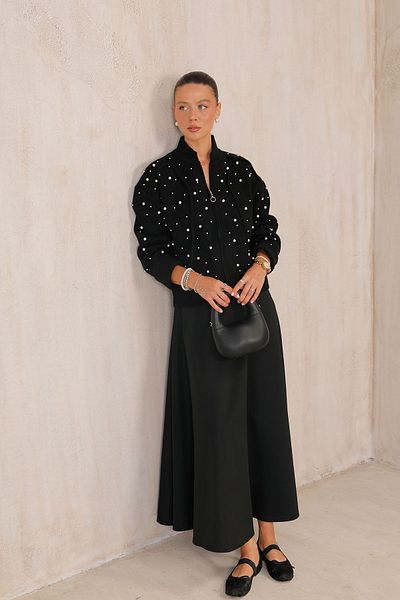 Melike Tatar 32-7007 Model Black Pearl Detailed Knitwear Cardigan