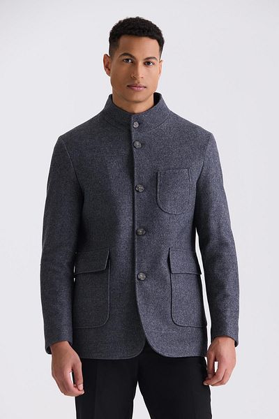Jakamen Ανθρακί Slim Fit Παρκά με Γιακά και Μάλλινο Σπορ Κασμίρ