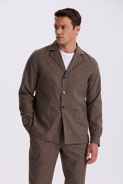Jakamen Καφέ Slim Fit Πέτο Απάσα Λινό Μικτό Ριγέ Κοστούμι με διπλό σχιστό