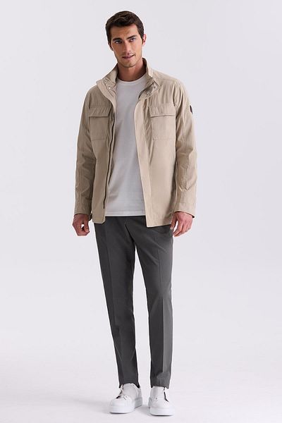 Jakamen Beige Comfort Fit Stand Collar Seasonal Sports Coat