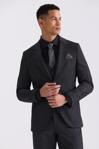 Jakamen Black Slim Fit Mono Collar Vest Suit