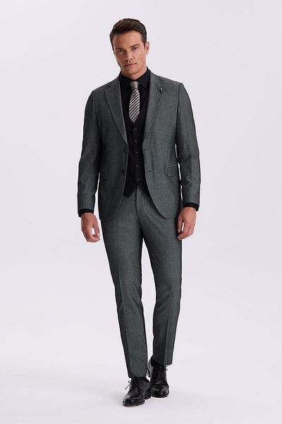 Jakamen Black Slim Fit Mono Collar Vest Double Slit Suit