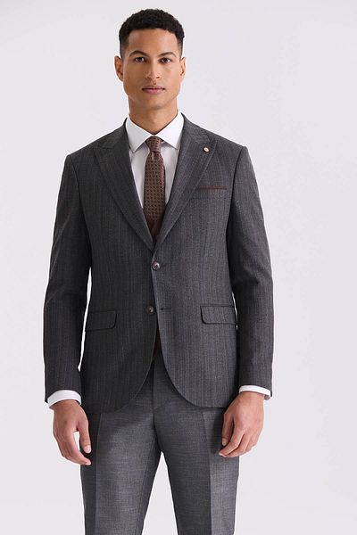 Jakamen Anthracite Slim Fit Pointed Collar Striped Combination Vest Suit