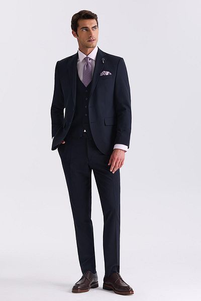 Jakamen Navy Blue Slim Fit Mono Collar Vest Suit