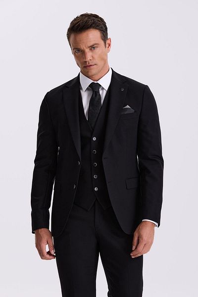 Jakamen Black Slim Fit Mono Collar Double Slit Vest Suit