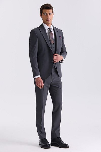 Jakamen Anthracite Slim Fit Mono Collar Vest Suit