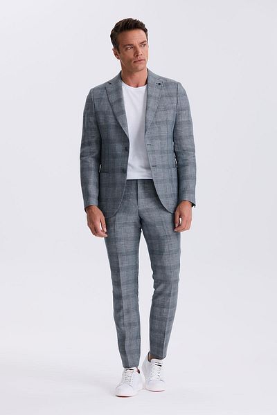 Jakamen Navy Blue Slim Fit Mono Collar Checked 100% Linen Suit with Bag Pocket