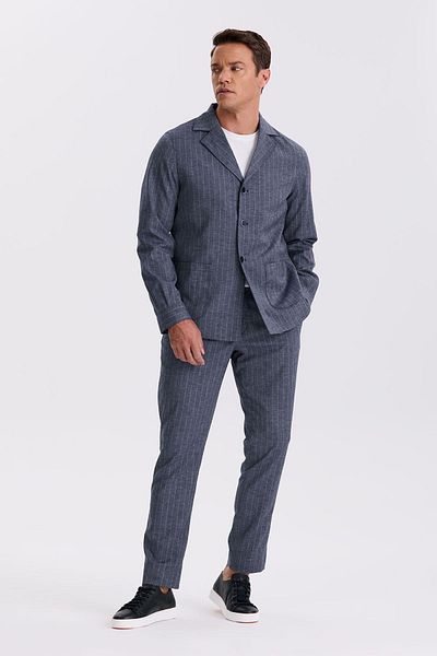 Jakamen Navy Blue Slim Fit Apache Collar Linen Blended Double Slit Striped Suit