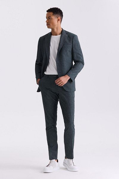 Jakamen Green Slim Fit Mono Collar Linen Suit