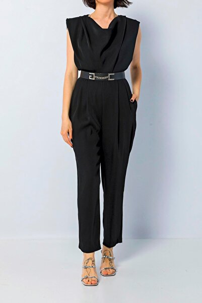 Green & Country Degaje Yaka Vatkalı Omuzlu Kemer Detaylı Havuç Paça Tulum Siyah