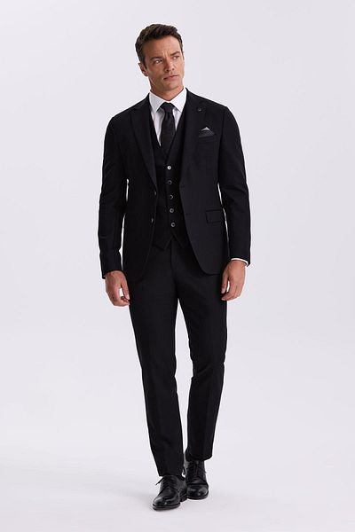 Jakamen Black Slim Fit Mono Collar Double Slit Vest Suit