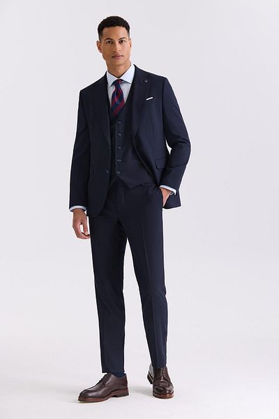 Jakamen Navy Blue Slim Fit Pointed Collar Vest Bamboo Suit