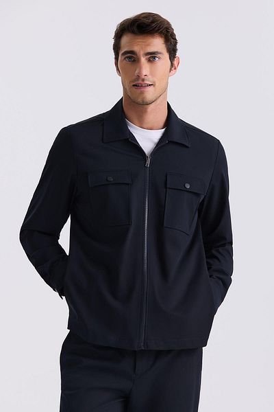 Jakamen Navy Blue Slim Fit Berber Collar Sport Suit