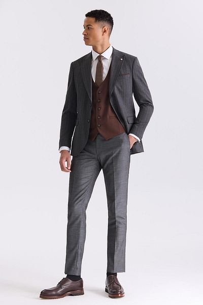 Jakamen Anthracite Slim Fit Pointed Collar Striped Combination Vest Suit