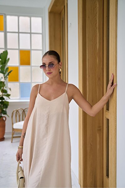 Askı Nişantaşı Modal Fabric Ecru Strap Dress