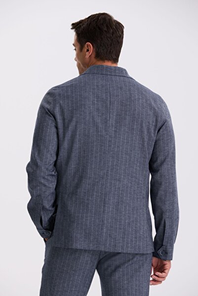 Jakamen Navy Blue Slim Fit Apache Collar Linen Blended Double Slit Striped Suit