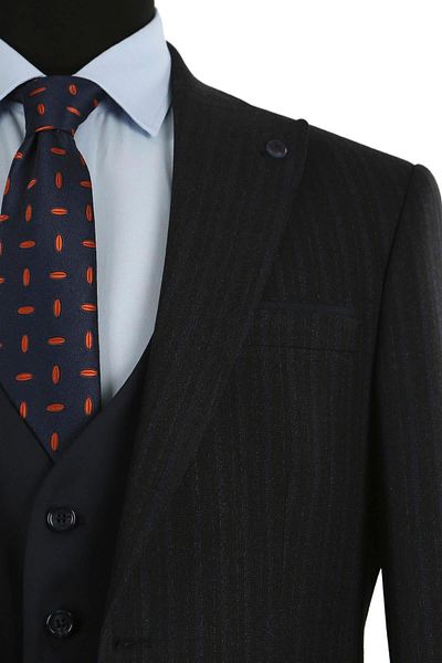 Jakamen Navy Blue Slim Fit Pointed Collar Striped Combination Vest Suit