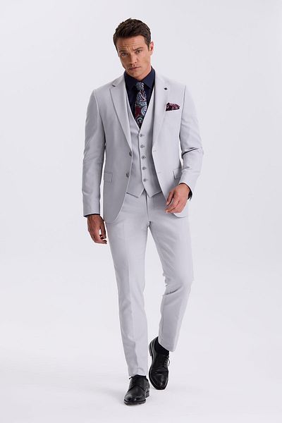 Jakamen Gray Slim Fit Mono Collar Double Slit Vest Suit