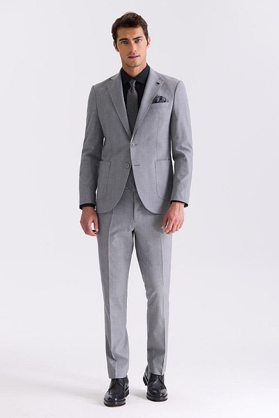 Jakamen Gray Slim Fit Mono Collar Wool Suit