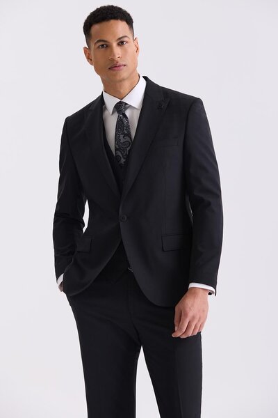 Jakamen Siyah Slim Fit Sivri Yaka Yelekli Yünlü Takım Elbise