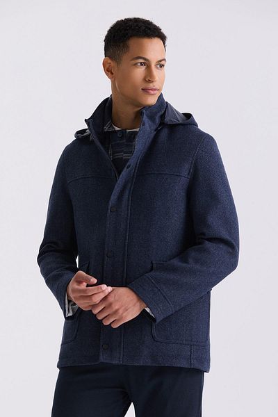 Jakamen Navy Blue Comfort Fit Judge Collar Patterned Hooded Woolen Sports Coat