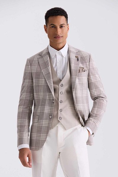 Jakamen Brown Slim Fit Mono Collar Checkered Combination Vest Suit