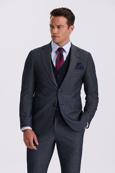 Jakamen Navy Blue Slim Fit Mono Collar Vest Double Slit Suit