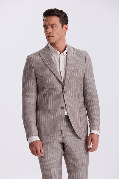 Jakamen Brown Slim Fit Swallow Collar Double Slit 100% Linen Sports Suit