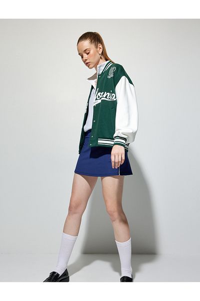 Koton Jachetă de colegiu oversize cu guler bomber imprimat cu nasturi cu apăsare