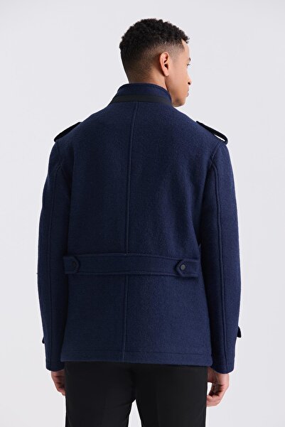 Jakamen Синій Slim Fit з коміром-стійкою та еполетами, спортивний кашеміровий пальто з візерунком