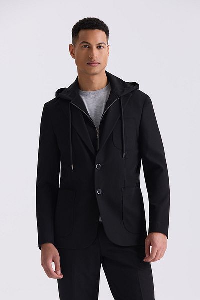 Jakamen Black Slim Fit Mono Collar Hooded Sports Suit