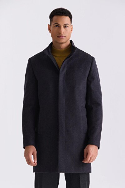 Jakamen Palton sport din lână, cu model tip coadă de pește, cu guler înalt, c...