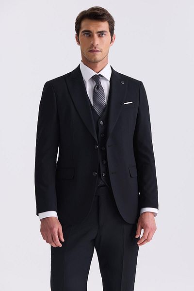 Jakamen Black Slim Fit Pointed Collar Vest Bamboo Suit