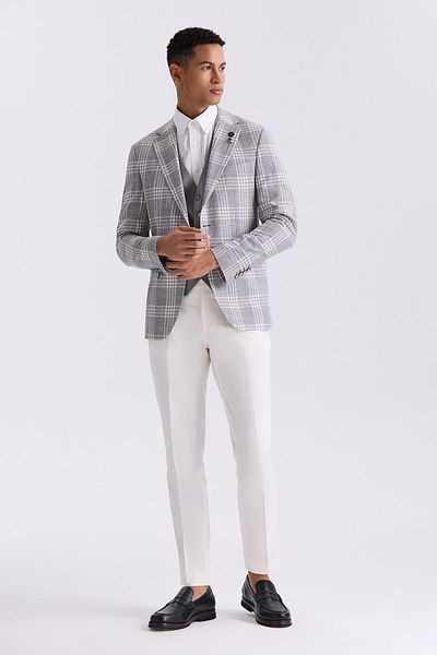 Jakamen Gray Slim Fit Mono Collar Checkered Vest Suit