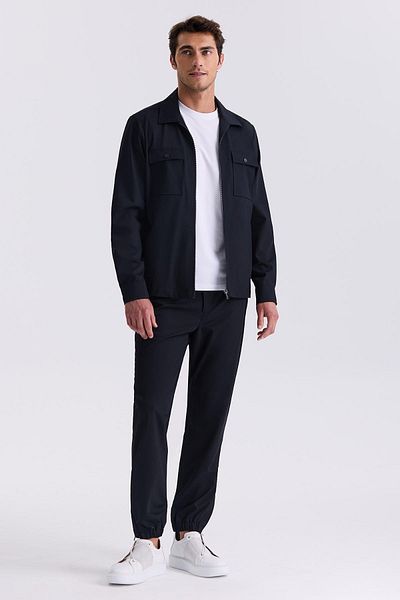 Jakamen Navy Blue Slim Fit Berber Collar Sport Suit