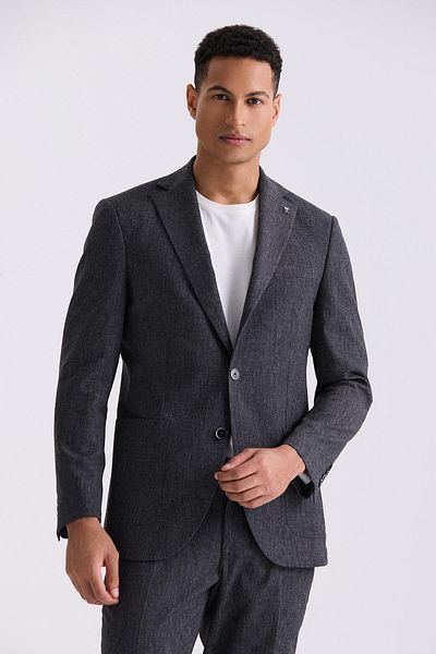 Jakamen Black Slim Fit Mono Collar Linen Suit