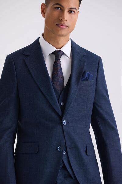 Jakamen Lacivert Slim Fit Mono Yaka Yelekli Takım Elbise
