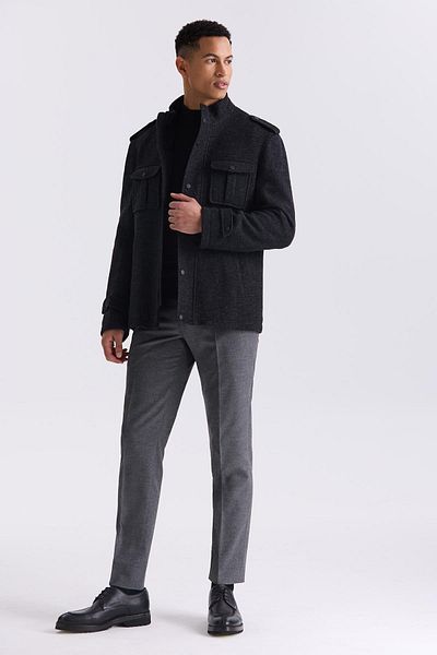 Jakamen Спортно кашмирено палто Black-1 Slim Fit с яка за съдии и шарка
