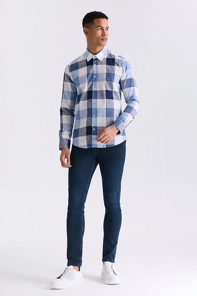 Jakamen Тъмносиня риза Slim Fit с яка с копчета и каре, 100% памучен десен