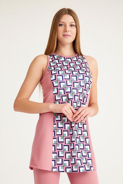 Signature Style 2243 Model Pink Geometric Printed Lycra Lined Sea and Pool Swimsuit - Hanging